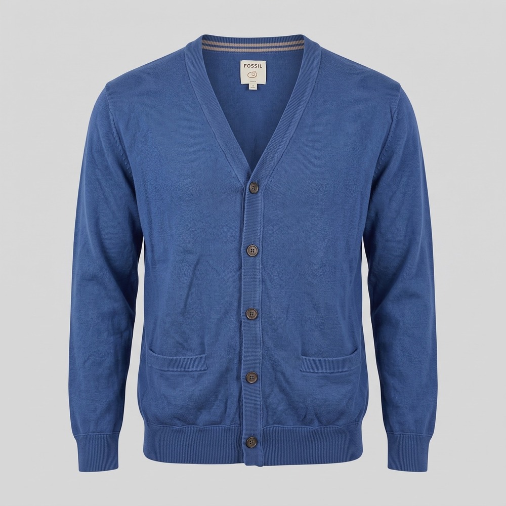 Fossil Mens XL Blue Cardigan Sweater V-Neck Button Front Pockets Cotton Blend